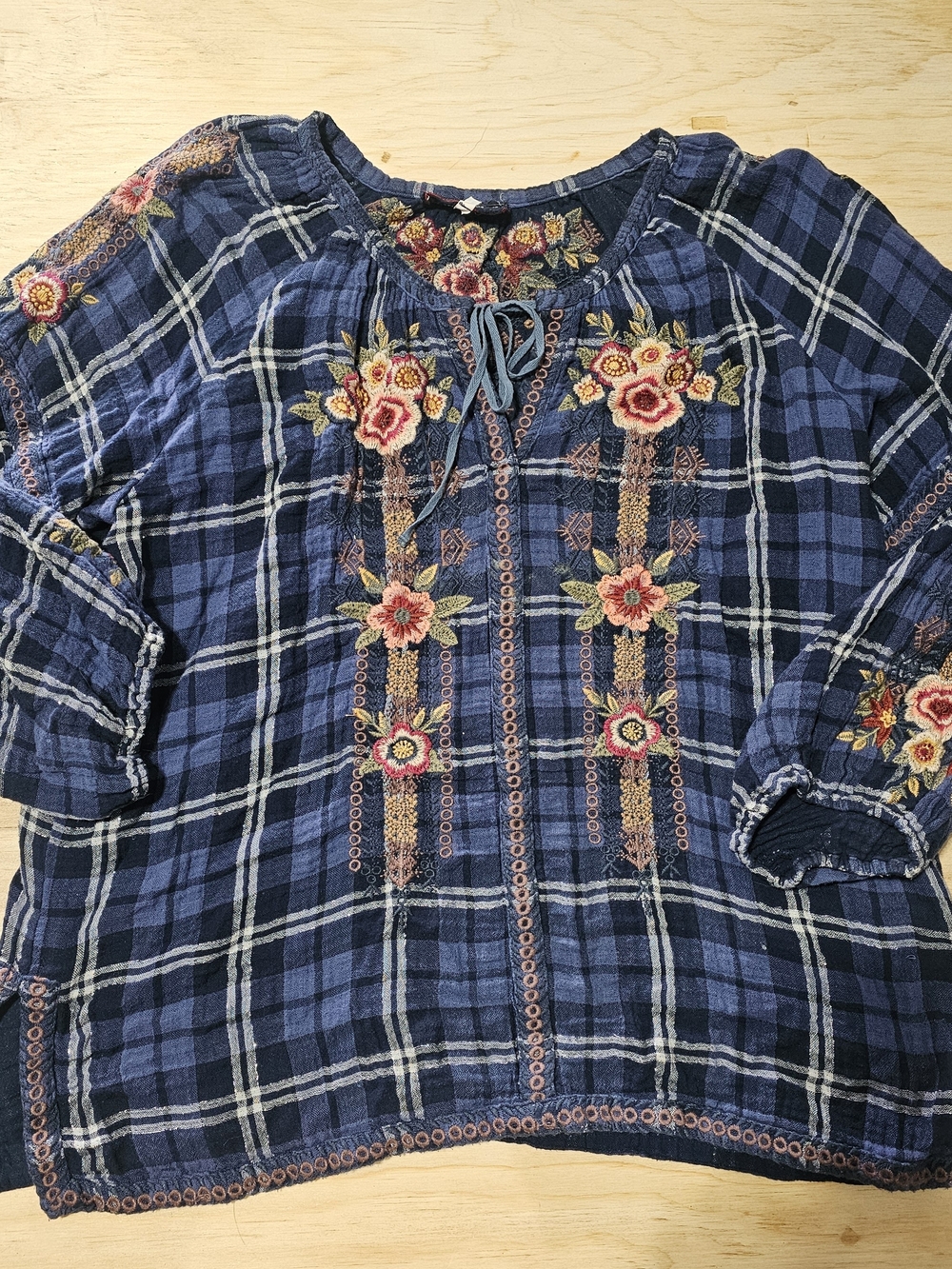 Johny Was Embroidered Blue Plaid Peasant Blouse with Floral Accents